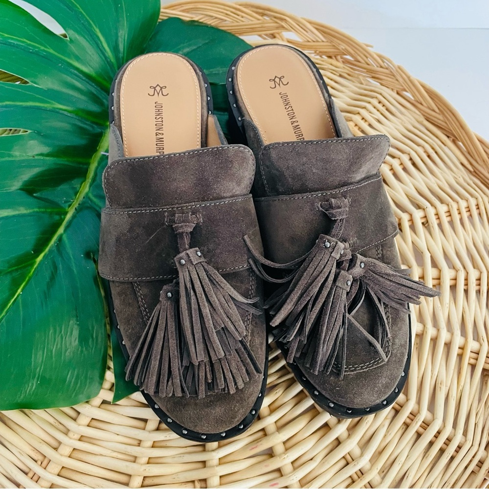 Johnston & Murphy Alice Fringe suede slip on mule clogs with tassels size 6